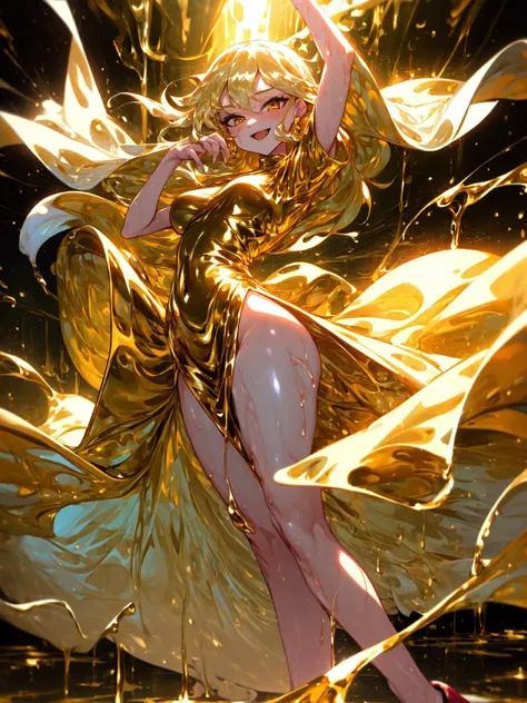 best quality,<lora:add_detail:0.25>, (1girl, solo, adult female, mature female), <lora:detailed_eyes:1>, <lora:concept_goodHands:1>,
<lora:style_liquidGold_(LQDGOD):0.9>, LQDGOD, LQDGOD gown, LQDGOD slit dress, leg muscles, thigh muscles, smile, dancing, open mouth, makeup, dripping liquid gold, dripping clothes,