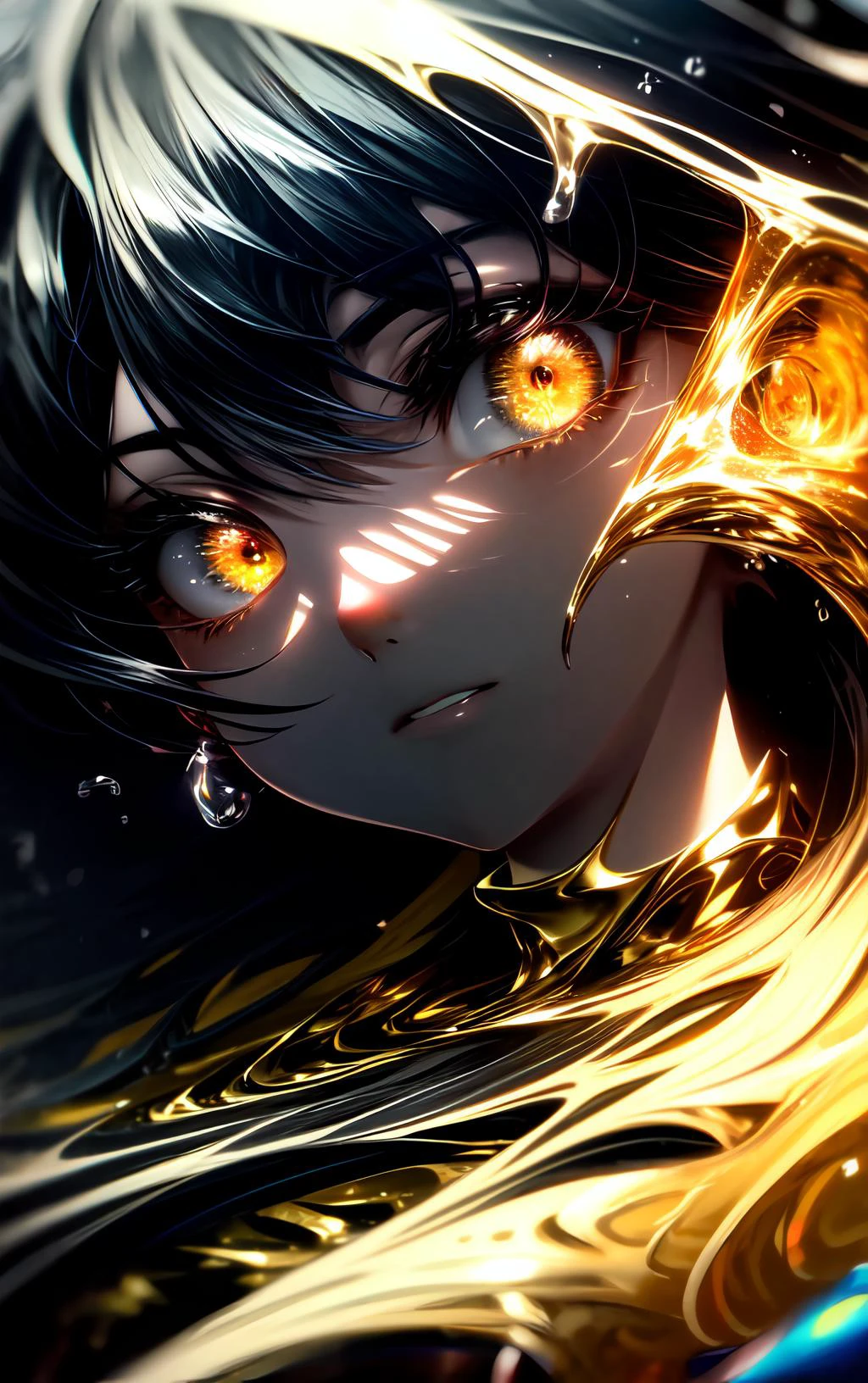 <lora:detailed_eyes:1>, best quality,<lora:add_detail:0.8>, <lora:Lqg:1>, (masterpiece, best_quality, ultra-detailed, immaculate:1.3), epic, illustration,
1girl, looking at viewer, (((greyscale))), black hair, asymmetrical bangs, long hair, hard shadows, shadow, shaded face, shiny, from below, pointy hair, aura, circle background, extremely detailed, intricate detail, small breasts, cleavage, flat chest, yellow eyes, ilya kuvshinov, simple background, LQDGOD splash of water,