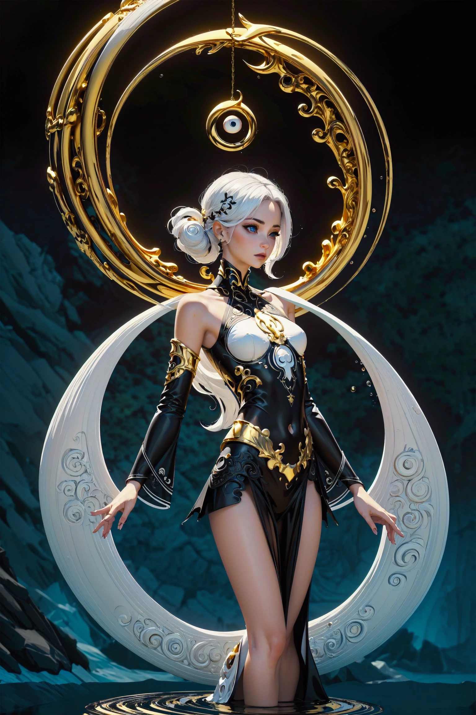 ((best quality)), masterpiece:1.3, girl, small breasts, realistic, 3d, intricate hair, <lora:YinYangTech-20:.5>, yinyangtech, yin yang, white hair, clothes, pale skin, intricate clothes, ((asymmetrical clothes)), ((asymmetrical)), angled shot, gate, warrior, <lora:tangbohu_smallhead:2> night, ancient ruins <lora:LowRA:.5> <lyco:SeekGold:.7> LQDGOD <lora:waterVFX:.8> gold accents, liquid gold swirls,