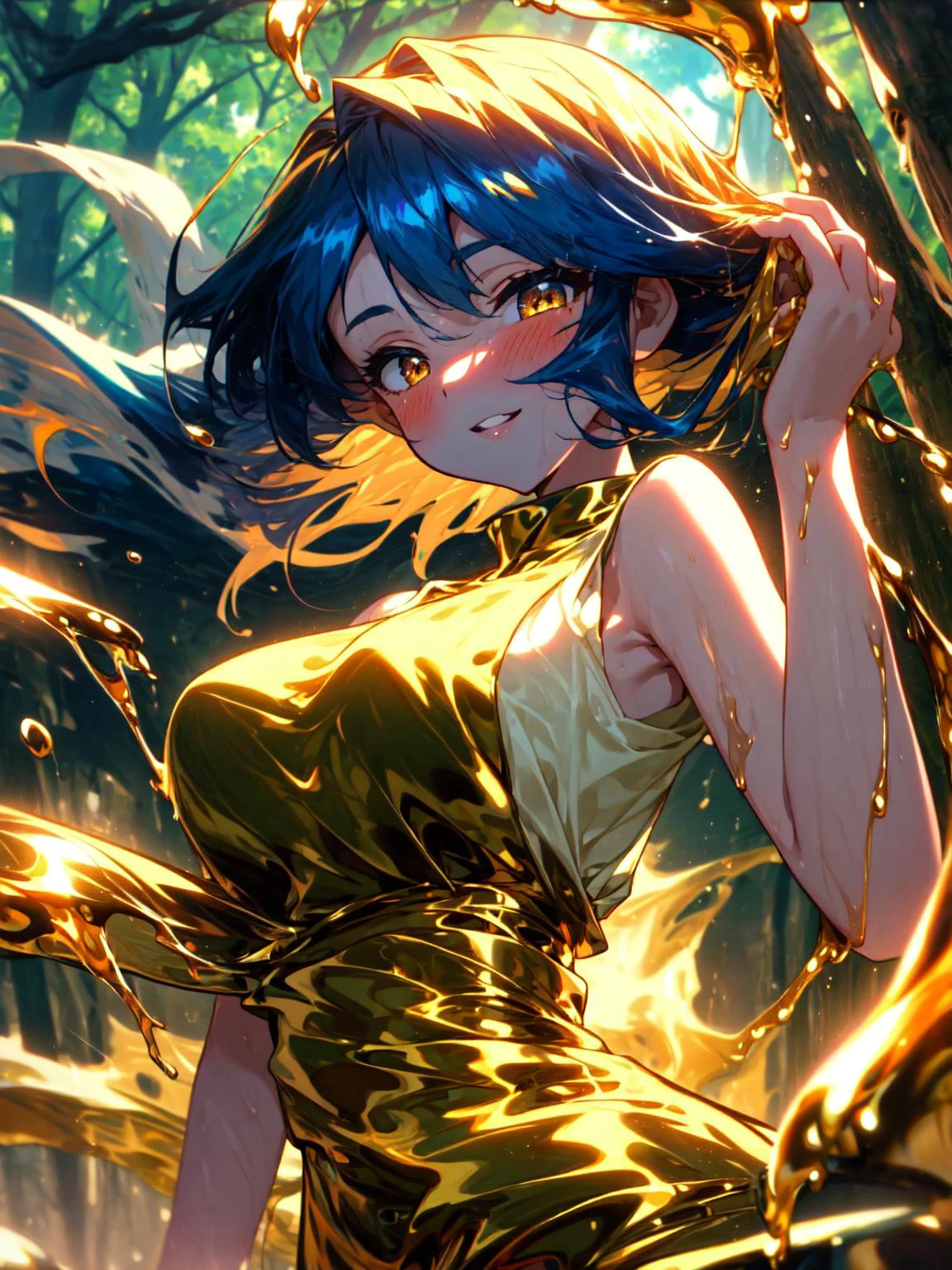 best quality,<lora:add_detail:0.25>, (1girl, solo, adult female, mature female), <lora:concept_goodHands:1>, <lora:detailed_eyes:1>, spiked hair, dark blue hair,
<lora:style_liquidGold_(LQDGOD):1>, LQDGOD, dripping liquid gold,
<lora:concept_costume_virginKillerOutfit_v10_(virgin killer outfit):0.9>, outside, trees, smile, parted lips, light blush, virgin killer outfit, sleeveless shirt, LQDGOD high-waist skirt, billowing skirt, white shirt,