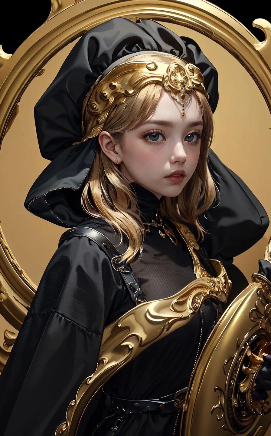 (young beauty, portrait, bard, wearing black outfit in the style of LQDGOD),
<lyco:gold:1.0>