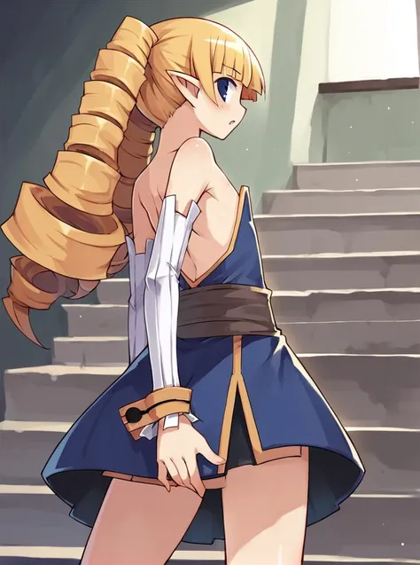score_9, score_8_up, score_7_up, score_6_up, score_5_up, score_4_up, source_anime,rating_questionable,
BREAK
indoors,
<lora:coveringcrotch_XL_v1:1> , covering crotch, from behind, 1girl, back, skirt, from below, stairs,
BREAK
<lora:Archer_disgaea:0.7> , 1girl, archer_(disgaea),pointy ears, blonde hair, drill hair, blue eyes, long hair, flat chest, bare shoulders, detached sleeves, dress,
