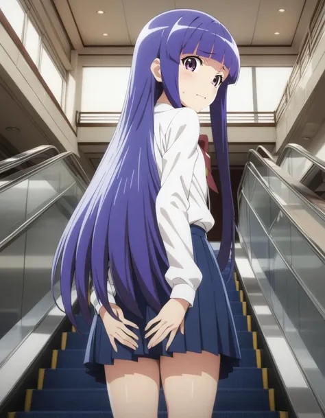 masterpiece, best quality, ultra detailed, highres,4k,(ultra-detailed:1.4) (illustration:0.5), (ray tracing,:0.8),(anime colored:0.7),(ai-generated:0.5),
1girl,
<lora:furuderikaXL1:0.8>,furuderika,
long hair, purple eyes, blue hair,blunt bangs,
(flat chest:1.2),
embarrassed,
school uniform, covering crotch, covering privates, from behind,escalator , covering ass, <lora:coveringcrotch_XL_v1:0.6>,looking at viewer,