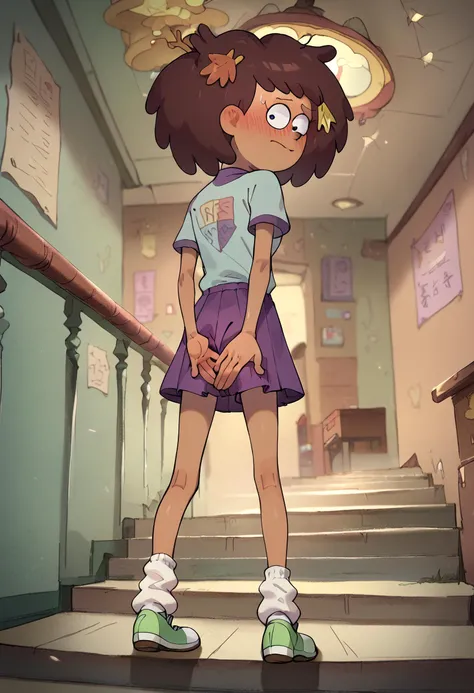 1girl, solo,  Anne Boonchuy, amphibia style, shirt, purple skirt, loose socks, shoes,, covering crotch, covering privates,  from behind,stairs, covering ass, <lora:coveringcrotch_Pony_v1:0.6>  looking back at you, embarrassed, ceiling, <lora:Amphibas_Anne_Boonchuy:.6>, ZPDXL, <lora:more_details:1> <lora:Concept Art Ultimatum Style LoRA_Pony XL v6:1> smooth anime,