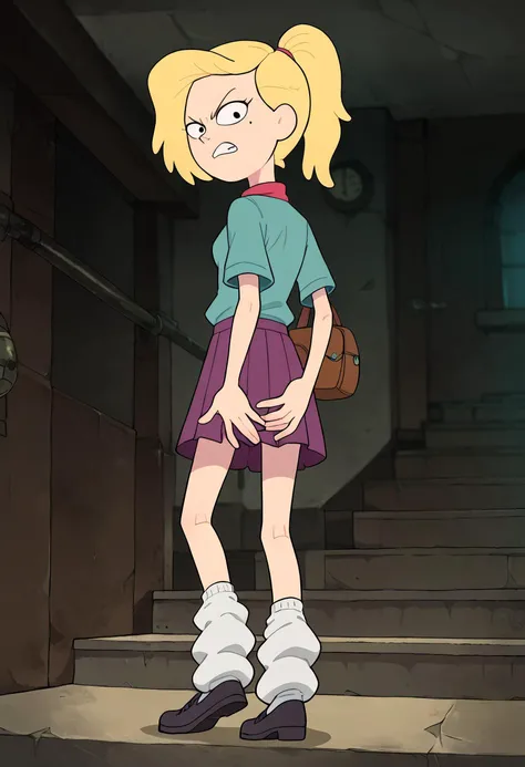 1girl, solo, ,sasha waybright, blonde hair, ponytail, black eyes, mole under eye, shirt, purple skirt, loose socks, shoes,, covering crotch, covering privates, from behind, stairs, covering ass, <lora:coveringcrotch_Pony_v1:0.6> looking back at you, angry, ceiling, <lora:Sasha_WaybraightV1:.6>, ZPDXL, <lora:more_details:1> <lora:Concept Art Ultimatum Style LoRA_Pony XL v6:1> smooth anime,