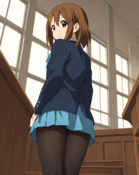 <lora:yui-hirasawa-s2-ponyxl-lora-nochekaiser:1> 1girl, solo, yui hirasawa, brown eyes, brown hair, hair ornament, hairclip, medium hair, black pantyhose, blazer, blue jacket, blue ribbon, blue skirt, buttons, collared shirt, jacket, long sleeves, neck ribbon, pantyhose, pleated skirt, ribbon, sakuragaoka high school uniform, school uniform, shirt, skirt, white shirt, looking at viewer, dutch angle, from below, zPDXL2 zPDXLxxx <lora:coveringcrotch_Pony_v1:.6> covering crotch, from behind