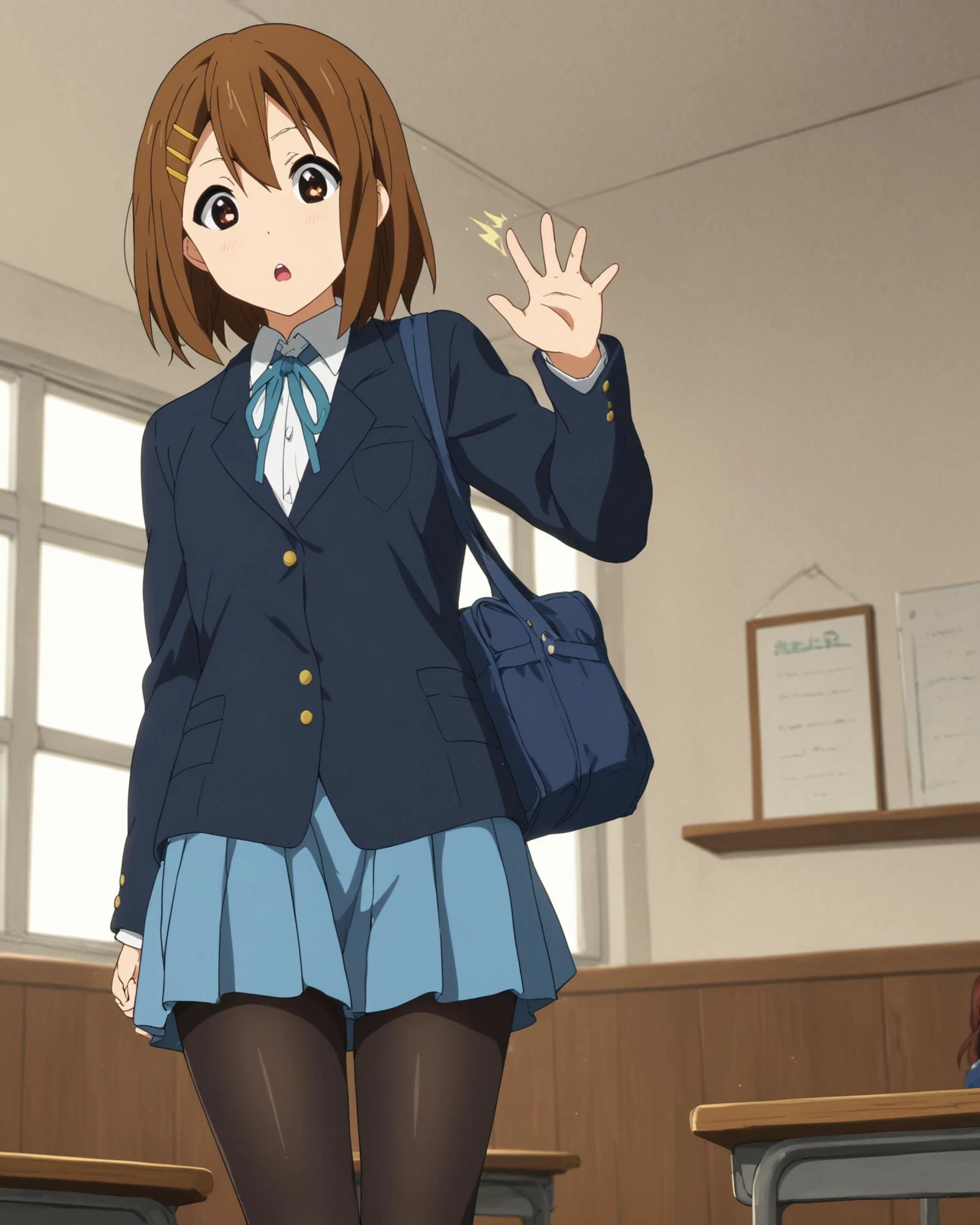 <lora:yui-hirasawa-s2-ponyxl-lora-nochekaiser:1>
1girl, solo, yui hirasawa, brown eyes, brown hair, hair ornament, hairclip, medium hair,
black pantyhose, blazer, blue jacket, blue ribbon, blue skirt, buttons, collared shirt, jacket, long sleeves, neck ribbon, pantyhose, pleated skirt, ribbon, sakuragaoka high school uniform, school uniform, shirt, skirt, white shirt,
looking at viewer, surprised,
dutch angle, from below,
zPDXL2 zPDXLxxx
<lora:coveringcrotch_Pony_v1:.6> from behind