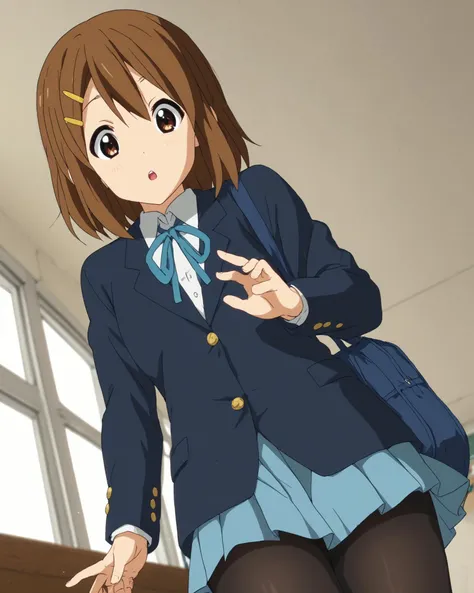 <lora:yui-hirasawa-s2-ponyxl-lora-nochekaiser:1>
1girl, solo, yui hirasawa, brown eyes, brown hair, hair ornament, hairclip, medium hair, 
black pantyhose, blazer, blue jacket, blue ribbon, blue skirt, buttons, collared shirt, jacket, long sleeves, neck ribbon, pantyhose, pleated skirt, ribbon, sakuragaoka high school uniform, school uniform, shirt, skirt, white shirt,
looking at viewer,  surprised, 
dutch angle, from below, 
 zPDXL2 zPDXLxxx
 <lora:coveringcrotch_Pony_v1:.6> from behind