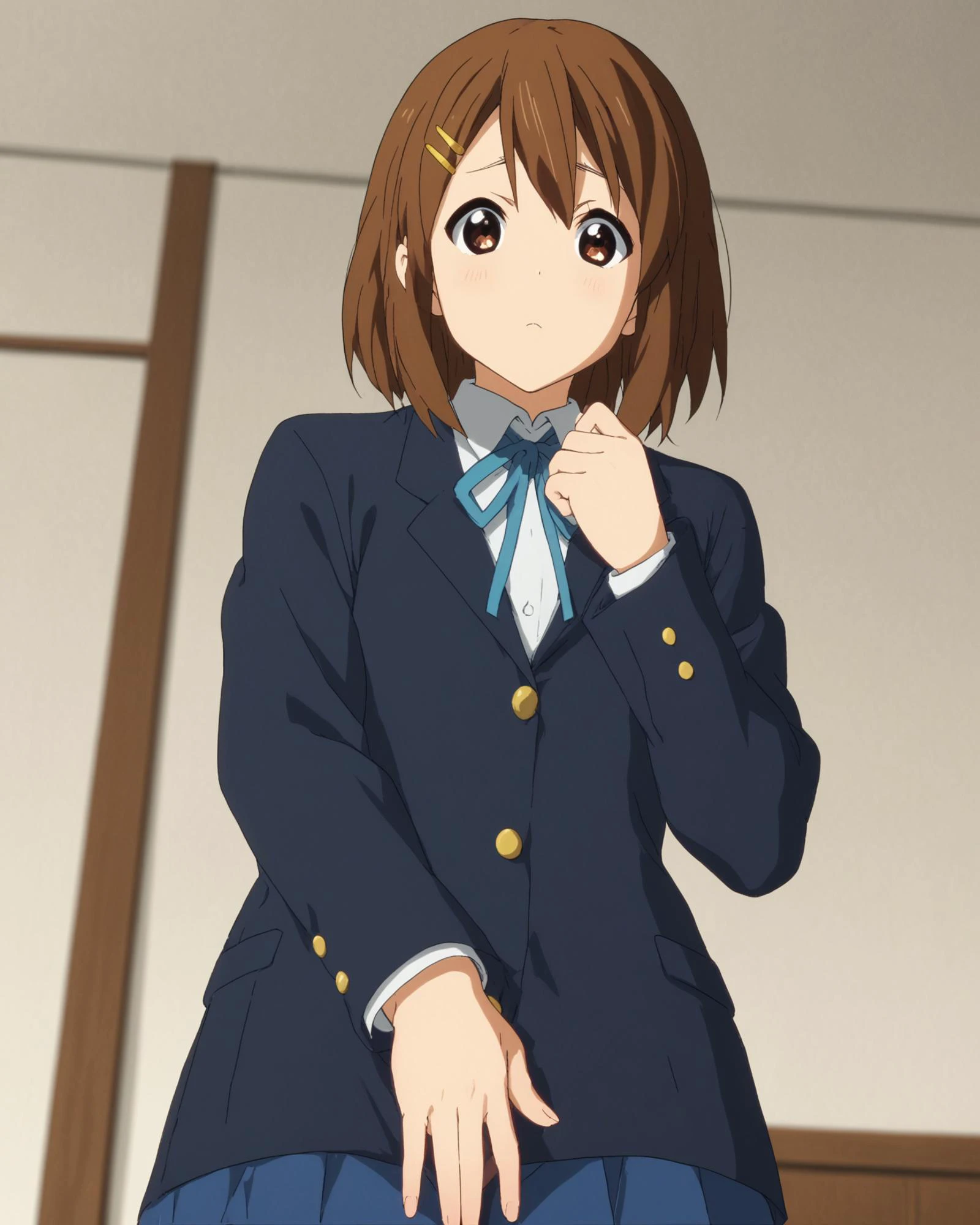 <lora:yui-hirasawa-s2-ponyxl-lora-nochekaiser:1>
1girl, solo, yui hirasawa, brown eyes, brown hair, hair ornament, hairclip, medium hair,
black pantyhose, blazer, blue jacket, blue ribbon, blue skirt, buttons, collared shirt, jacket, long sleeves, neck ribbon, pantyhose, pleated skirt, ribbon, sakuragaoka high school uniform, school uniform, shirt, skirt, white shirt,
looking at viewer,
dutch angle, from below,
zPDXL2 zPDXLxxx
<lora:coveringcrotch_Pony_v1:.6> covering crotch, from behind