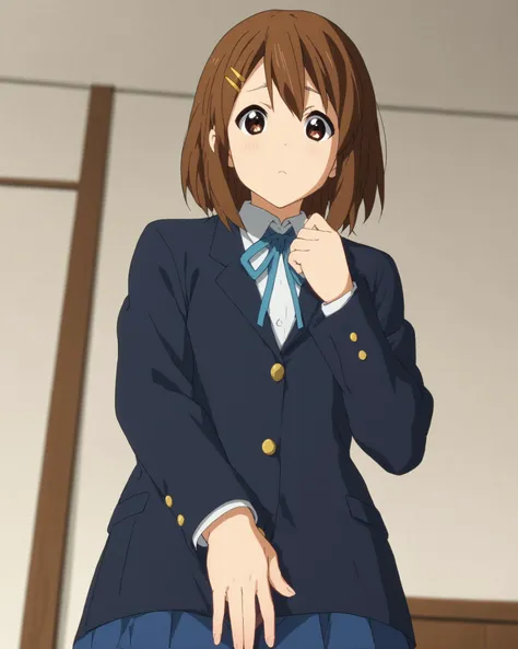 <lora:yui-hirasawa-s2-ponyxl-lora-nochekaiser:1>
1girl, solo, yui hirasawa, brown eyes, brown hair, hair ornament, hairclip, medium hair, 
black pantyhose, blazer, blue jacket, blue ribbon, blue skirt, buttons, collared shirt, jacket, long sleeves, neck ribbon, pantyhose, pleated skirt, ribbon, sakuragaoka high school uniform, school uniform, shirt, skirt, white shirt,
looking at viewer,  
dutch angle, from below, 
 zPDXL2 zPDXLxxx
 <lora:coveringcrotch_Pony_v1:.6> covering crotch, from behind