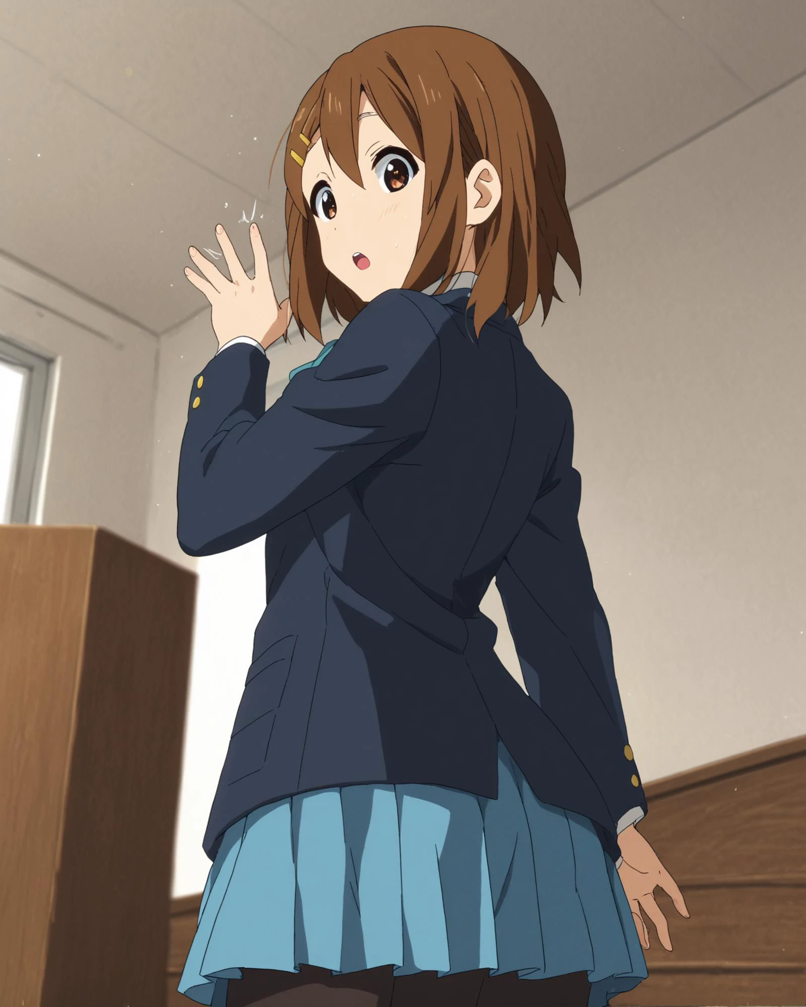<lora:yui-hirasawa-s2-ponyxl-lora-nochekaiser:1>
1girl, solo, yui hirasawa, brown eyes, brown hair, hair ornament, hairclip, medium hair,
black pantyhose, blazer, blue jacket, blue ribbon, blue skirt, buttons, collared shirt, jacket, long sleeves, neck ribbon, pantyhose, pleated skirt, ribbon, sakuragaoka high school uniform, school uniform, shirt, skirt, white shirt,
looking at viewer, surprised,
dutch angle, from below,
zPDXL2 zPDXLxxx
<lora:coveringcrotch_Pony_v1:.6> from behind