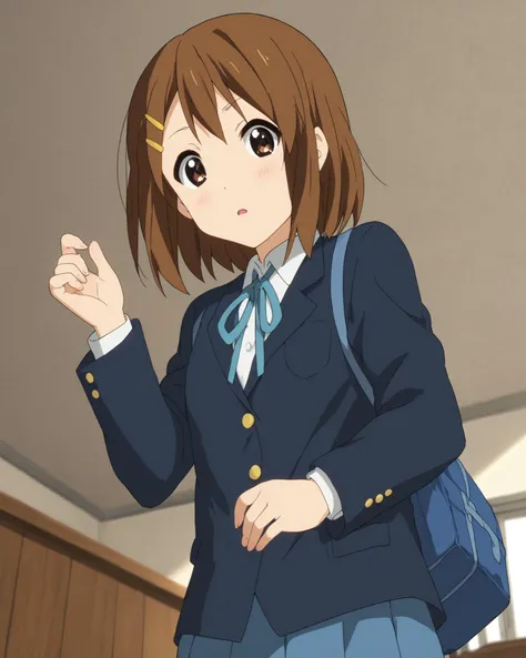 <lora:yui-hirasawa-s2-ponyxl-lora-nochekaiser:1> 1girl, solo, yui hirasawa, brown eyes, brown hair, hair ornament, hairclip, medium hair, black pantyhose, blazer, blue jacket, blue ribbon, blue skirt, buttons, collared shirt, jacket, long sleeves, neck ribbon, pantyhose, pleated skirt, ribbon, sakuragaoka high school uniform, school uniform, shirt, skirt, white shirt, looking at viewer, dutch angle, from below, zPDXL2 zPDXLxxx <lora:coveringcrotch_Pony_v1:.6> covering crotch, from behind