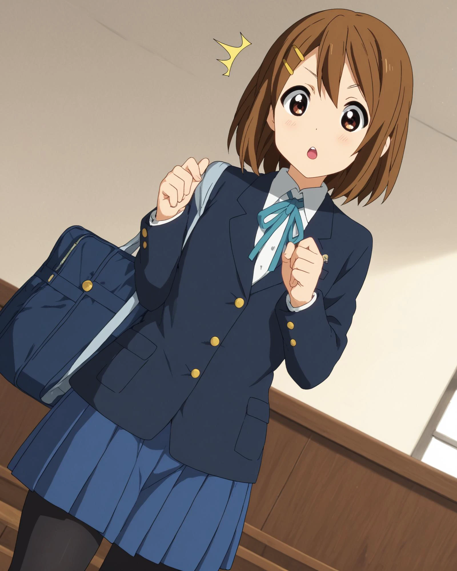 <lora:yui-hirasawa-s2-ponyxl-lora-nochekaiser:1>
1girl, solo, yui hirasawa, brown eyes, brown hair, hair ornament, hairclip, medium hair,
black pantyhose, blazer, blue jacket, blue ribbon, blue skirt, buttons, collared shirt, jacket, long sleeves, neck ribbon, pantyhose, pleated skirt, ribbon, sakuragaoka high school uniform, school uniform, shirt, skirt, white shirt,
looking at viewer, surprised,
dutch angle, from below,
zPDXL2 zPDXLxxx
<lora:coveringcrotch_Pony_v1:.6> from behind