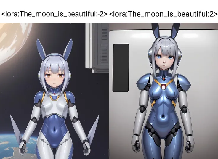 <lora:The_moon_is_beautiful:-2>, (no_humans:1.3), (satellite_armor:1.2),(satellite_weapon:1.2), blue_skin, (mecha_bunny ear:1.2), white_bodysuit, anime, (robot joint:1.3), galaxy