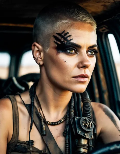 cinematic photo a fierce ((ohwx woman)) As Furiosa from Mad Max: Fury Road, driving the War Rig through the wasteland, her determination unwavering against Immortan Joe's war boys., Hair shaved close to the scalp, symbolizing her defiance and break from oppression., <lora:kunis_dh128_lora_v2b-9k:1.05> . 35mm photograph, film, bokeh, professional, 4k, highly detailed