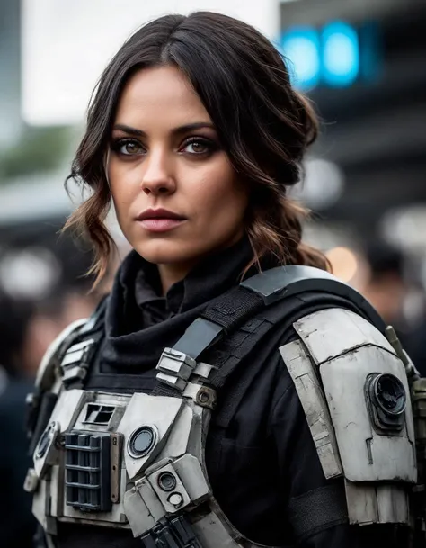 cinematic photo (full height:1.3), a fearless ((ohwx woman)) As Jyn Erso from Rogue One. Leading the rebellion, with the looming shadow of the Death Star behind. Inspired by Krenz Cushart, neoism, kawacy, wlop, gits anime. Wind-swept hair, resolve to steal the plans evident in her eyes. <lora:kunis_dh128_lora_v2b-9k:1.05> . 35mm photograph, film, bokeh, professional, 4k, highly detailed