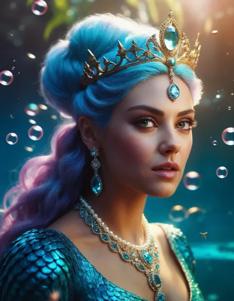 cinematic photo ((ohwx woman)) portrait, fantasy, mermaid, hyperrealistic, game character, underwater, highly detailed, sharp focus, cinematic lighting, pearls, glowing hair, shells, gills, crown, water, highlights, starfish, jewelry, realistic, digital art, pastel, magic, fiction, ocean, king, colorful hair, sparkly eyes, fish, heroic, goddess, waves, bubbles, queen <lora:kunis_dh128_lora_v2b-9k:1.05> . 35mm photograph, film, bokeh, professional, 4k, highly detailed