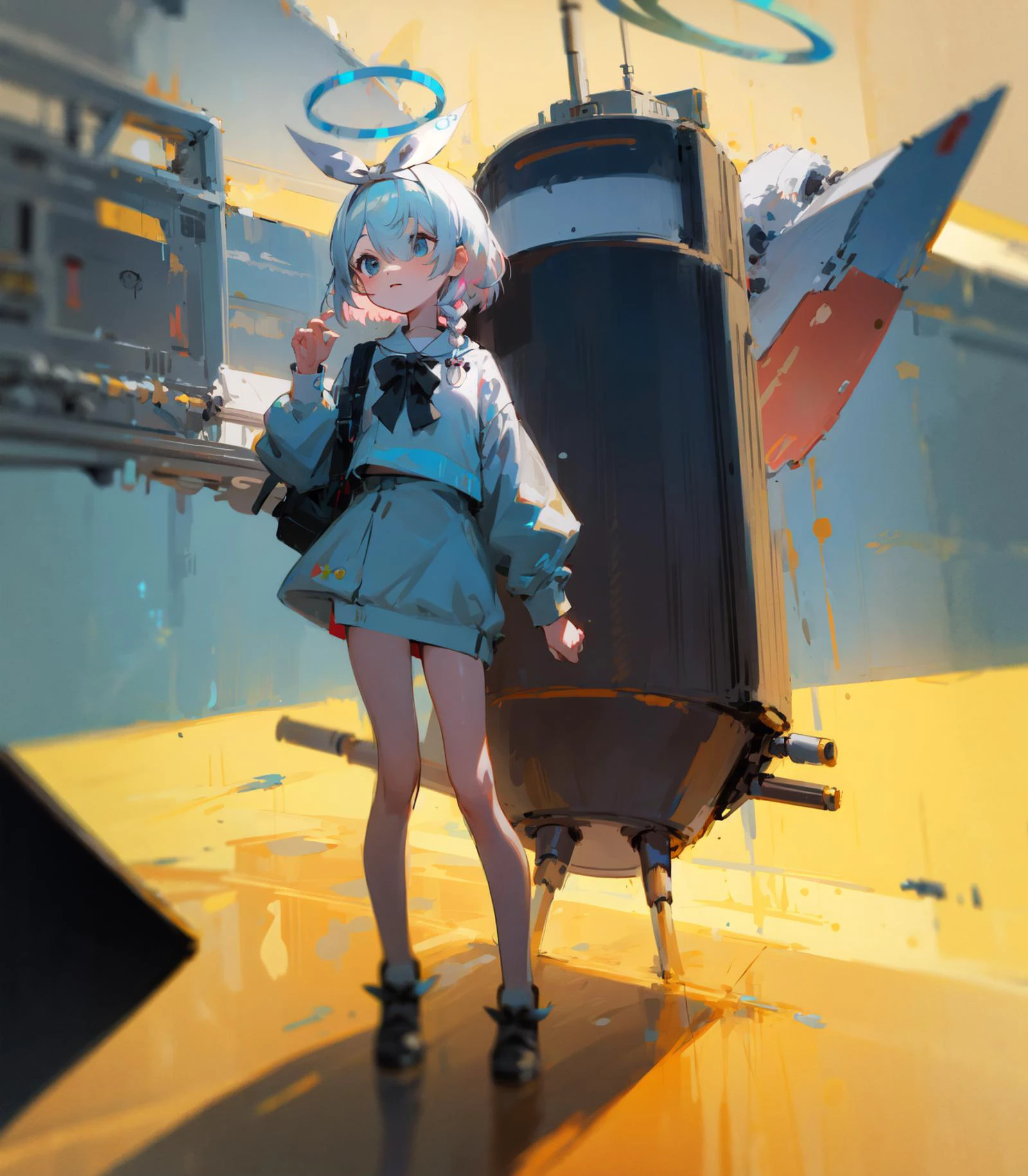 arona, 1girl, white hairband, bow hairband, halo, short hair, single braid, <lora:chara-arona-v1:1>beret,standing, full body, spacecraft,