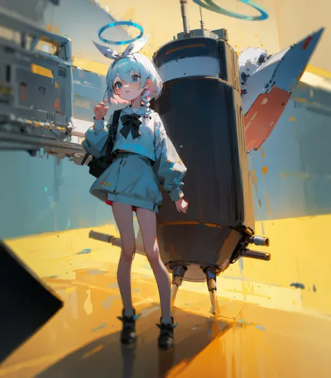 arona, 1girl, white hairband, bow hairband, halo, short hair, single braid, <lora:chara-arona-v1:1>beret,standing, full body, spacecraft,