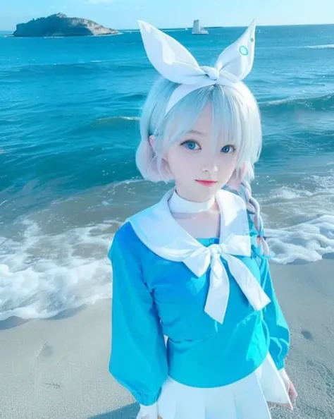 raw photo, a close up portrait of 20 y/o woman, white hairband, bow hairband, halo, short hair, single braid, arona \(blue archive\), sea, standing, ((Background virtualization)), ((((Blue clothes)))), ((((White collar)))), (((wharf))), (((White skirt))), (((White neck ring))), (((grinned))), naughty, lovable, <lora:koreanDollLikeness_v10:0.66>, <lora:aronaBlueArchive_v1:1>, ,masterpiece, best quality