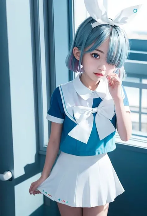 detailed,8k, detailed shadow, looking at viewer,
1girl, skirt, white skirt, hairband, solo, white bow, choker, shirt, window, white ribbon, pleated skirt, sailor collar, serafuku, school uniform, light blue hair
,<lora:Japanese Doll Likeness:0.35> <lora:arona:1>, (masterpiece,best quality)