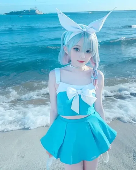raw photo, a portrait of 20 y/o woman, white hairband, bow hairband, halo, short hair, single braid, arona \(blue archive\), sea, standing, ((Background virtualization)), ((((Blue clothes)))), ((((White collar)))), (((wharf))), (((White skirt))), (((White neck ring))), (((grinned))), naughty, lovable, <lora:koreanDollLikeness_v10:0.66>, <lora:aronaBlueArchive_v1:1>, ,masterpiece, best quality