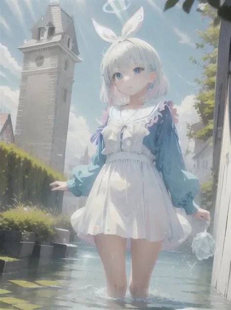 [(white background:1.5)::5], hexagon, anime, (best quality), mid shot,arona, 1 girl,  full body,short hair AND white hairband AND bow hairband, halo,standing on water AND water splashes, blue sky,  light particles ,<lora:aronaBlueArchive_v1:0.8>,<lora:gachaSplashLORA_gachaSplashFarShot:1>