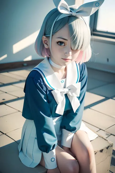 detailed RAW photo of a cute girl sitting in a ruined classroom,arona, 1girl, white hairband, bow hairband, mechanical halo, short hair, single, looking at viewer, school uniform, school uniform, blue shirt, white sailor collar, long sleeves, white bowtie, white choker, (photorealistic:1.4), short hair, <lora:aronaBlueArchive_v1:1> arona