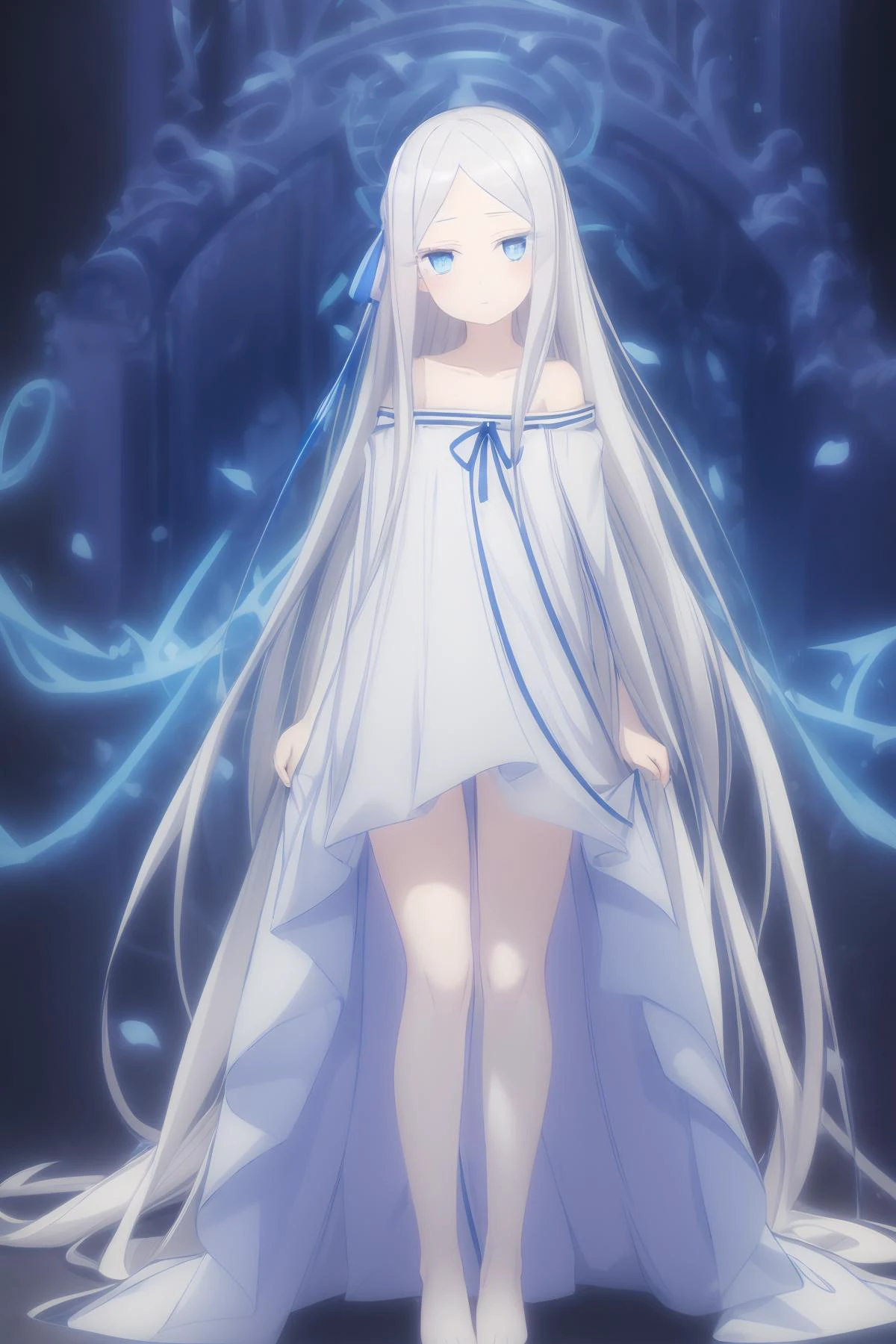 Grey background, ((Masterpiece)), ((best quality)), (extremely detailed), (prefect composition), (prefect anatomy), high-res, absurdres, 1girl, solo, standing, prefect body, completely nude, full bare leg, bare foot, (lifting dress, showing off full thigh), off shoulder dress, bare shoulders, collarbone, long hair, parted bangs, white hair, very long hair, blue ribbon, hair ribbon, colored eyelashes, pale skin, daze, calm, expressionless, happy, blue eyes, ((zettai ryouiki)), (detailed face description), (detailed eyes description), seductive, dark forest at deep night, advanced cg, amazing quality, octane rendering.
<lora:è饰æ½å¤æ1V:0.7> <lora:rainbow:0.35> <lora:more_details:0.35> <lora:á ⸠á-WIP:0.35>