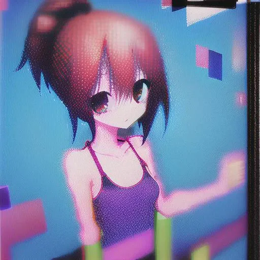 (glitched, artefact:1.2), solo, 1girl, short red hair, ponytail, small breast, sport tank, looking at viewer, colorful background, <lora:glitchcore-10_v2:1.2>