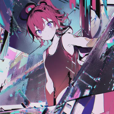 (glitched, artefact, abstract:1.05), solo, 1girl, short red hair, ponytail, small breast, sport tank, looking at viewer, colorful background,<lora:glitch-core-10:0.7>