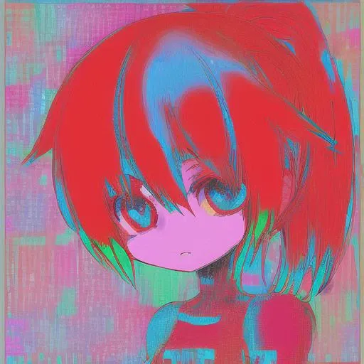 (glitchcore:1.0), 1girl, split in two, solo, short red hair, ponytail, ((colorful)) background, <lora:glitchcore-10_v2:0.5>