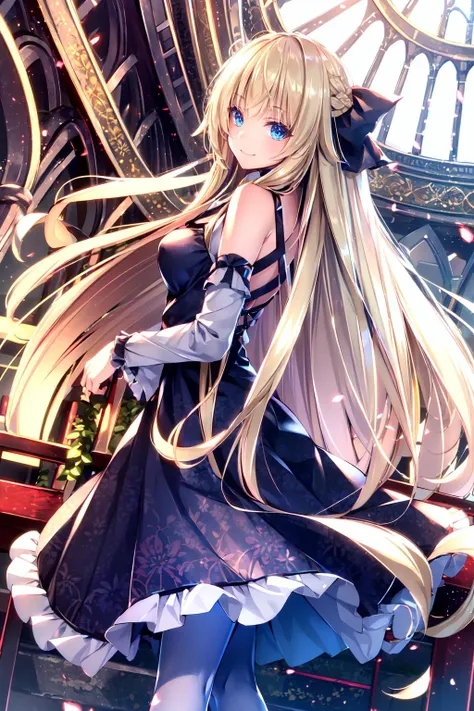 <lora:ryosiosV2:0.7> ryosios, white and blue theme,, ultra detailed, masterpiece, best quality, aesthetic, detailed,, solo, soft smile, light smile,
1girl, blue eyes, very long hair, blonde hair, long blonde hair, french braid, bangs, medium breasts,, hair ribbon, frilled choker, criss-cross halter, sleeveless dress, high-waist skirt, backless dress, waist bow, detached sleeves, frilled sleeves, wide sleeves, pantyhose, patterned legwear, mary janes,