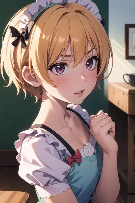 masterpiece, best quality, 1girl, solo, <lora:juri-im-richy-v1:1> jurimaid, beautiful, cute, frills, embarrassed, blush, hands up, shy, (masterpiece:1.2), best quality, high resolution, unity 8k wallpaper, (illustration:0.8), extremely detailed face, perfect lighting, extremely detailed CG, (perfect hands, perfect anatomy), (masterpiece, best_quality, ultra-detailed, immaculate:1.3), epic, illustration, render, <lora:GoodHands-vanilla:0.8>