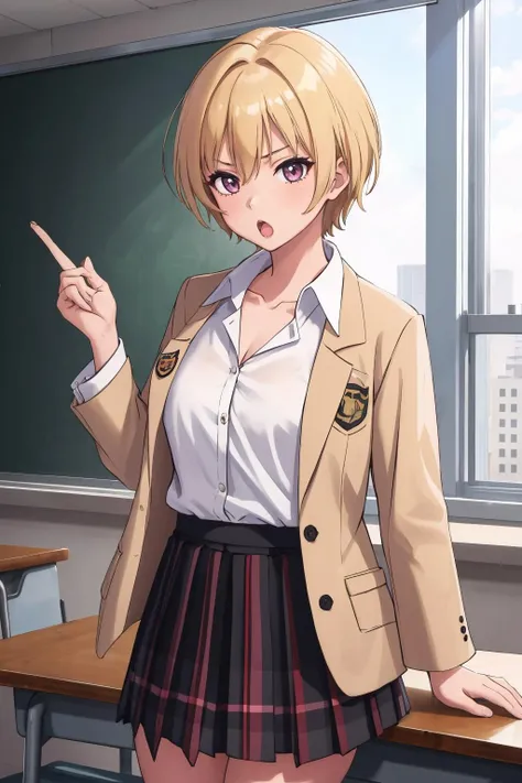 masterpiece, best quality, 1girl, solo, <lora:juri-im-richy-v1:1> jurischool, classroom, jacket, plaid skirt, white shirt, collarbone, :o