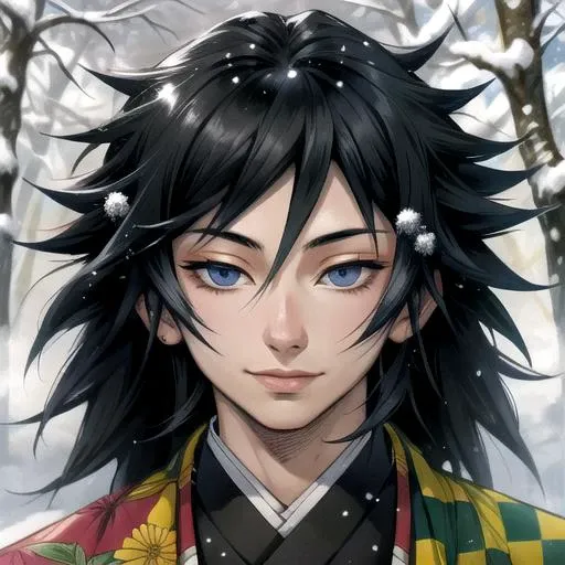 portrait of Tomioka Giyuu, black hair, outdoor, mist, winter, <lora:kimetsu_no_yaiba_V9000:1>, (masterpiece, best quality, artwork, colorful, detailed, comic:1.0)