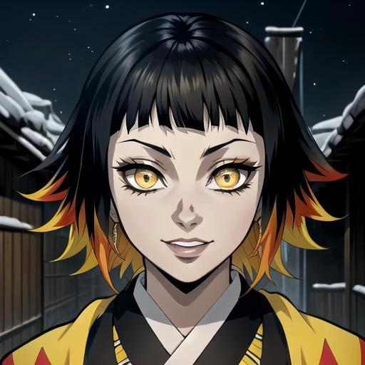 portrait of Susamaru, outdoor, night, black and yellow kimono, <lora:kimetsu_no_yaiba_V9000:0.65> <lora:Demon Slayer Style:0.4> kimetsu no yaiba style, anime coloring, (masterpiece, best quality, artwork, colorful, detailed, comic:1.0)