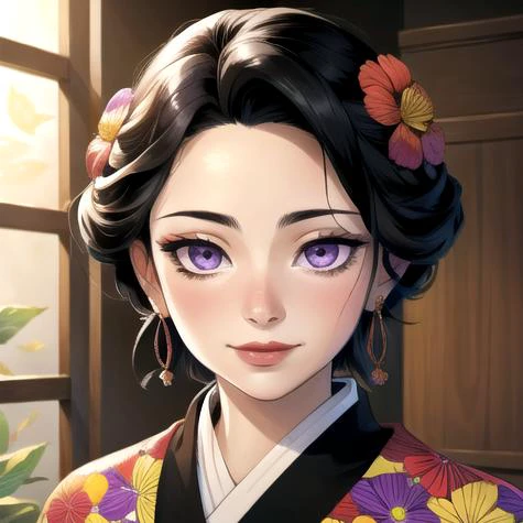 portrait of tamayo, indoor, black hair, purple eyes, black kimonowith flower pattern <lora:kimetsu_no_yaiba_V9000:1>, (masterpiece, best quality, artwork, colorful, detailed, comic:1.0)