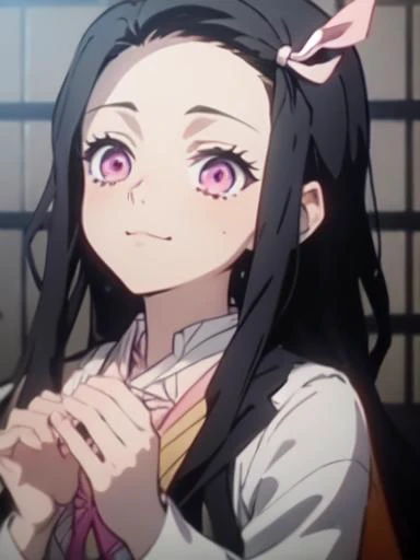 Kamado Nezuko,  solo <lyco:kimetsu_no_yaiba_V9000-step00020000:1.0>, ((masterpiece)), (best quality), <lyco:GoodHands-beta2:1.0>,nice hands, perfect hands,side ponytail,aniscreen,anime screencap,