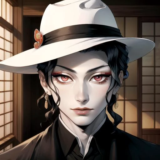 portrait of Kibutsuji Muzan, indoor, red eyes, black hair, (male:1.25), pale skin, black suit, white hat <lora:kimetsu_no_yaiba_V9000:1>, (masterpiece, best quality, artwork, colorful, detailed, comic:1.0)