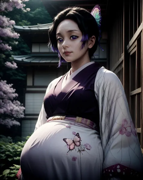 <lora:kimetsu_no_yaiba_style_offset:1>, kimetsu no yaiba style, Movie scene of a pregnant Kochou Shinobu, in a Japanese garden, sharp crisp detail. wide shot.  attractive, <lora:more_details:0.6> , <lora:kimetsu_no_yaiba_V9000:1>, 
masterpiece,official art,best quality,ray tracing,realistic,ultra highres,vivid,
<lora:GoodHands-vanilla:1>, view from below