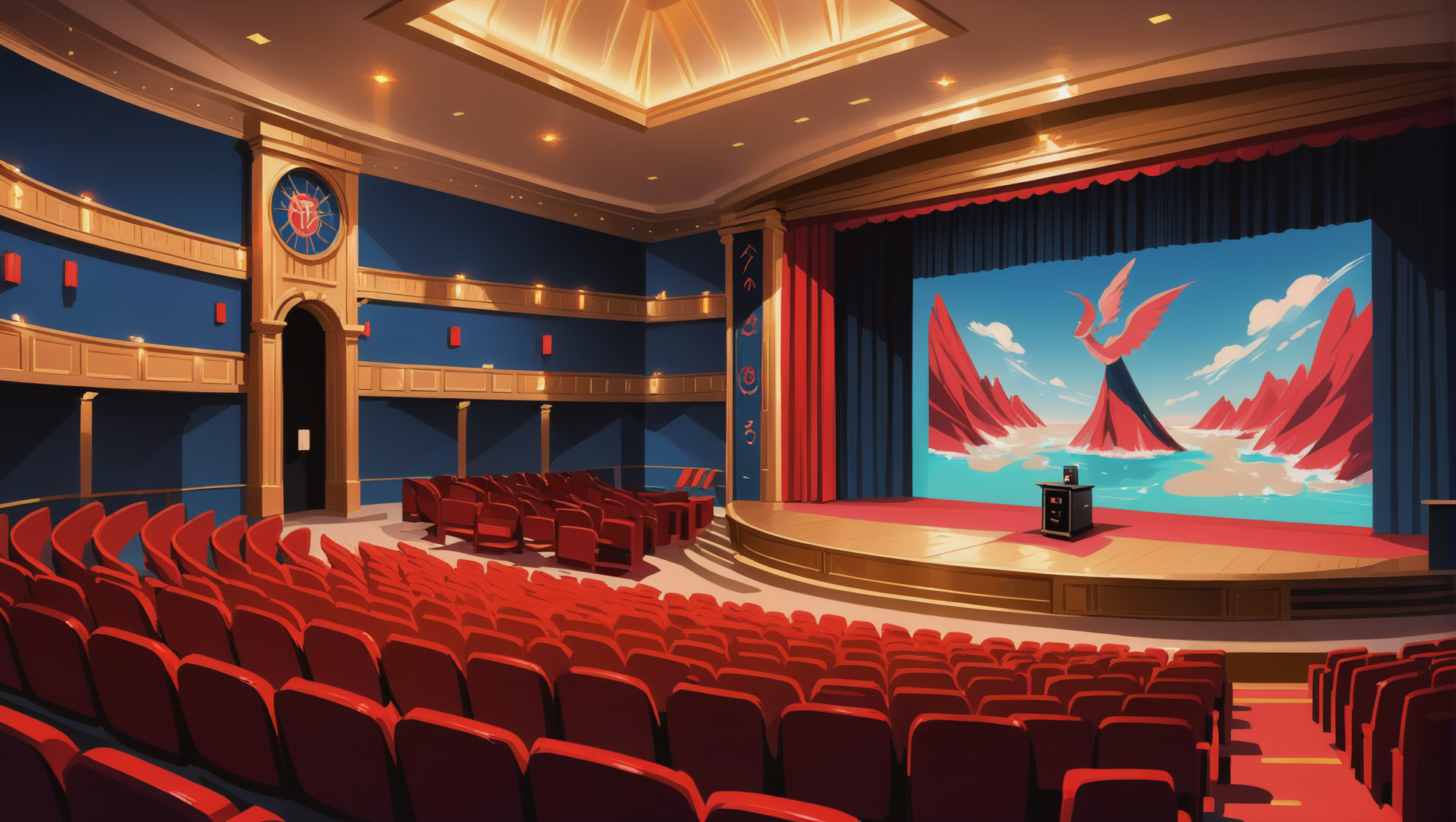 Arafed view of a theater with red seats and a screen - SeaArt AI