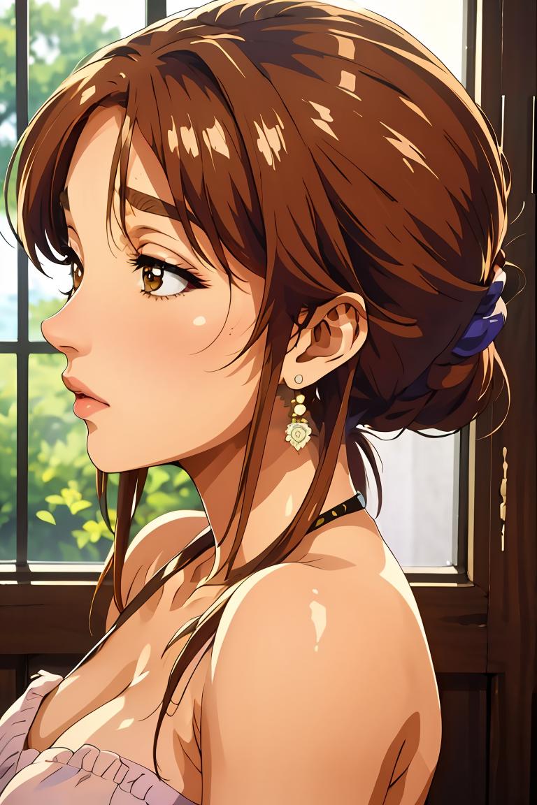 Anime girl with brown hair and blue eyes looking out a window - SeaArt AI