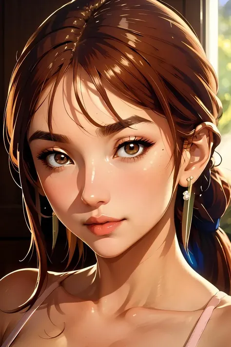 (masterpiece, best quality), 1girl, <lora:Aunt Itoe1:1> aaitoe, brown hair, brown eyes, earrings, jewelry, long hair, lips, ponytail