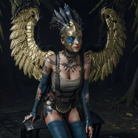 masterpiece, Highest Quality, photorealistic, SFW, solo,  1girl, Queen Gna, mask, armored tank top, large golden wings, Valkyrie, glowing blue eyes, blue tattoos, blue body marks, knee highs, highly detailed face, forest, leaning forward, cleavage,