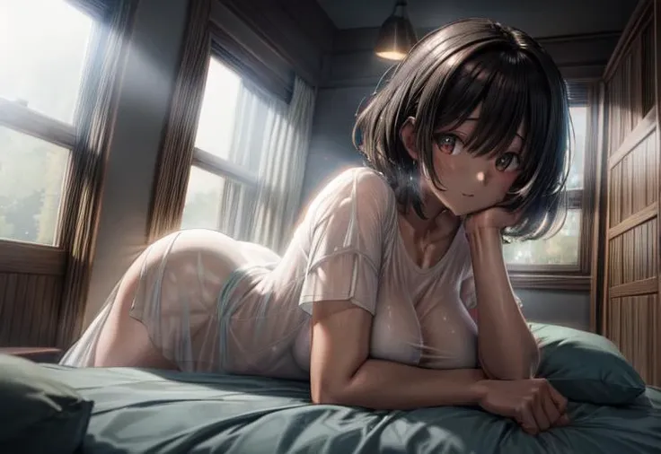 (volumetric lighting, Highres), (Detailed Illustration), Ultra-Detailed, 8k, nsfw, implied sex, see-through silhouette, pov, see-through, bedroom, white shirt, oversized clothes, oversized shirt, t-shirt, mature female, large breasts <lora:SCENE_concept-implied_sex-see-through_silhouette-v1:0.6> <lora:add_detail:1> <lora:hairdetailer:0.8>