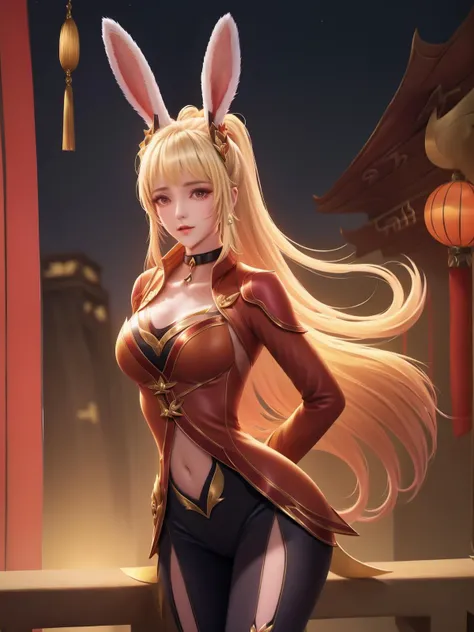 1girl,cityscape,night,mature female,looking at viewer,hair ornament,standing,arms behind back,east asian architecture,blonde hair,rabbit ears,nacel,ponytail, pants,choker, <lora:gongsunliOR_20230710224113-000010:0.75>,long sleeves,