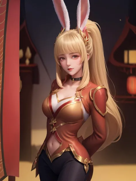 1girl,cityscape,night,mature female,looking at viewer,hair ornament,standing,arms behind back,east asian architecture,blonde hair,rabbit ears,nacel,ponytail, pants,choker, <lora:gongsunliOR_20230710224113-000010:0.75>,long sleeves,
