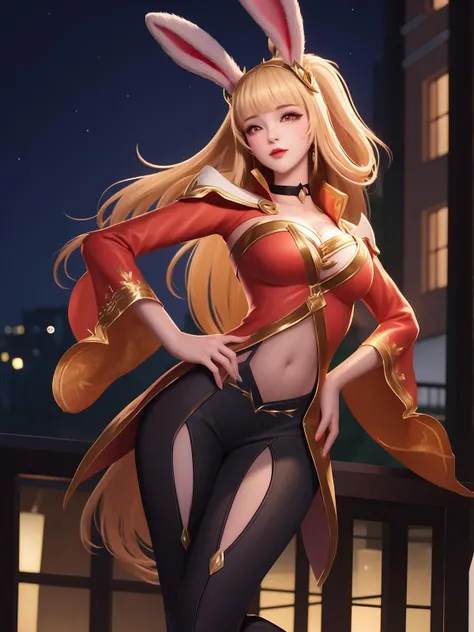WZRYgongsunliYP, 1girl, solo, long hair, breasts, rabbit ears, bangs, parted lips, navel, clothing cutout, ponytail,wide sleeves, blonde hair,choker,dress,pants ,cityscape, night,looking at viewer, mature female, hand on hip, <lora:WZRYgongsunliYPii:0.75>,hair ornament,