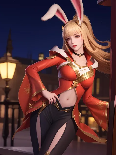 WZRYgongsunliYP, 1girl, solo, long hair, breasts, rabbit ears, bangs, parted lips, navel, clothing cutout, ponytail,wide sleeves, blonde hair,choker,dress,pants ,cityscape, night,looking at viewer, mature female, hand on hip, <lora:WZRYgongsunliYPii:0.75>,hair ornament,